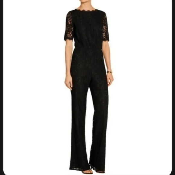 Diane Von Furstenberg Black Kendra Lace Jumpsuit NWT Size 10 - Picture 1 of 14